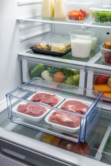 Store Raw Meat on a Lower Contained Tray