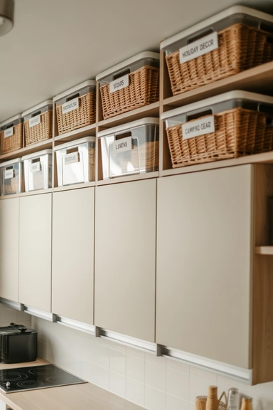25 Small Kitchen Storage Solutions That Make Every Inch Work Better 9 Over-Cabinet Storage for Rarely Used Items