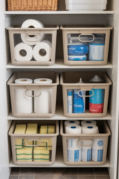 21 Utility Closet Organization Ideas That Eliminate Household Clutter 9 Stackable Bins for Bulk Household Supplies