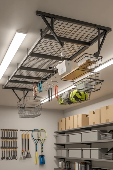 22 Genius Garage Ceiling Storage Ideas to Maximize Overhead Space 10 Adjustable Hanging Storage Grids
