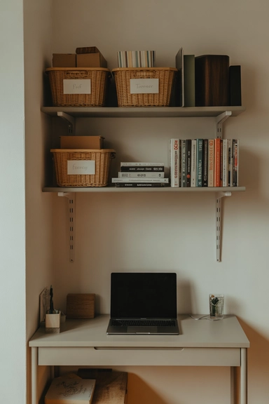 22 Desk Organization Ideas for Small Spaces That Stay Tidy 2 Build a Vertical Command Zone Above the Desk
