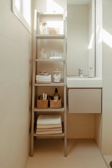 21 Small Bathroom Storage Ideas for Tiny Spaces That Work 2 Vertical Ladder Shelves for Narrow Corners