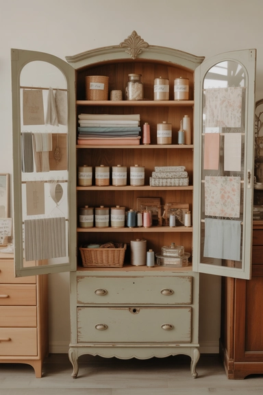 21 Vintage Craft Room Ideas for a Cozy Creative Space 2 Vintage Storage Cabinets With Glass Doors