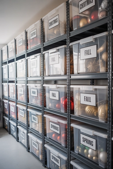 23 Holiday Decoration Storage Ideas That Prevent Chaos Every Year 2 Clear Labeled Storage Bins by Holiday Category
