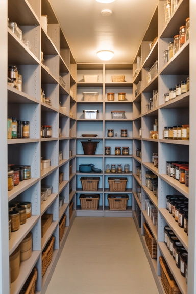 Narrow Walk-In Pantry Ideas That Make Tight Spaces Work (22 Smart Layouts) 2 Single-Wall Shelving Layout for Maximum Walking Space