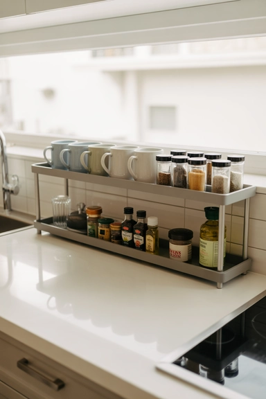 Vertical Shelf Risers That Double Counter Space