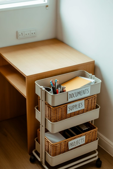 22 Desk Organization Ideas for Small Spaces That Stay Tidy 11 Add a Slim Rolling Cart for Flexible Storage