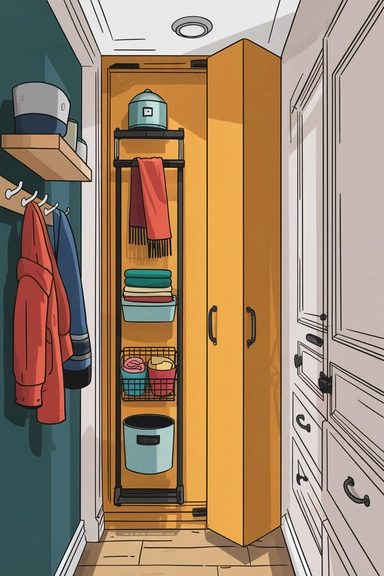 23 Coat Closet Organization Ideas That Actually Work 11 Utilize Vertical Pull-Out Storage for Tight Interiors