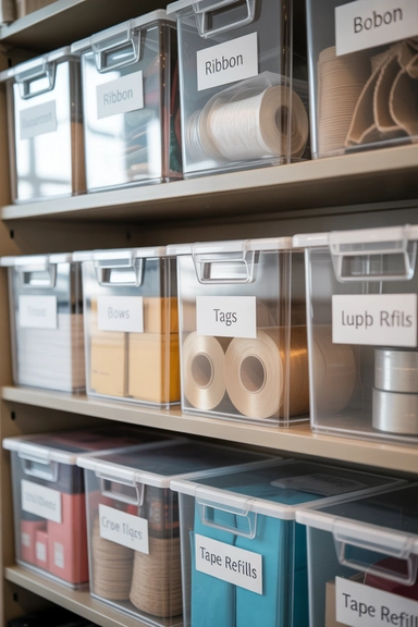 21 Gift Wrap Storage Ideas That Keep Supplies Organized 11 Clear Storage Bins with Labeling System