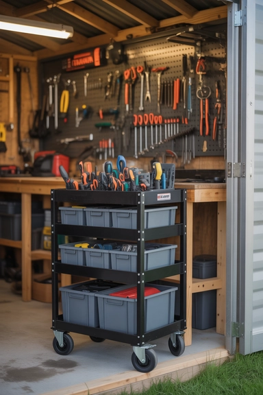 21 Shed Storage Organization Ideas That Keep Tools Visible 11 Rolling Tool Cart for Flexible Access