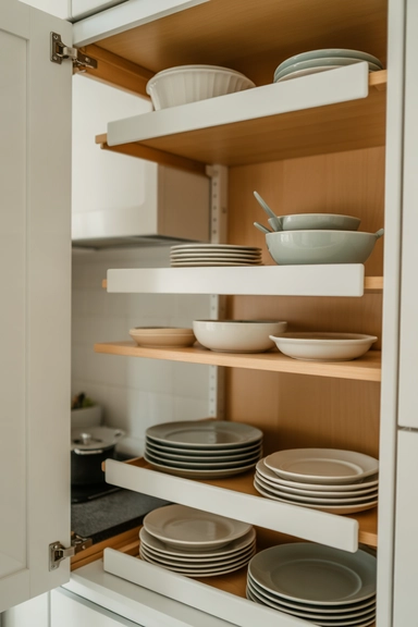 Add Shelf Risers for Plates and Bowls
