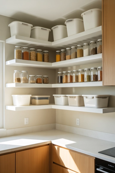 Corner Pantry With Floating Shelves for Flexible Storage
