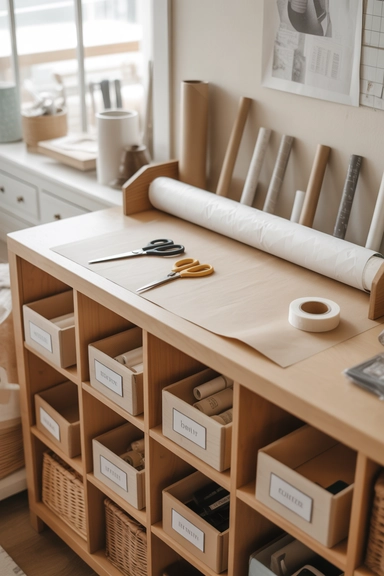 21 Gift Wrap Storage Ideas That Keep Supplies Organized 12 Dedicated Wrapping Station Surface with Storage Below
