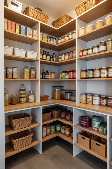 L-Shaped Shelving That Wraps Around Small Pantry Walls