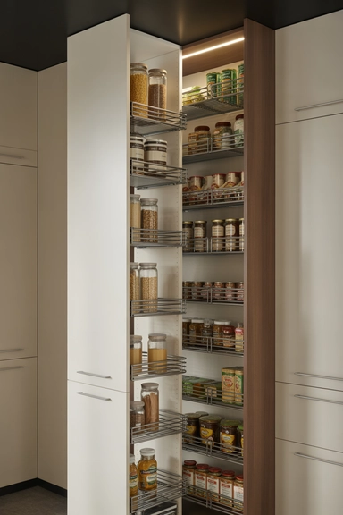 Narrow Walk-In Pantry Ideas That Make Tight Spaces Work (22 Smart Layouts) 12 Pull-Out Pantry Columns That Keep Everything Visible