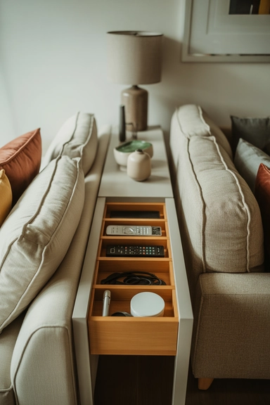 25 Small Living Room Storage Ideas That Reduce Visual Clutter 12 Slim Console Tables Behind Sofas for Hidden Daily Storage
