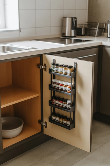 21 Small Kitchen Organization Ideas for Apartments That Actually Work 12 Turn the Inside of Cabinet Doors Into Storage