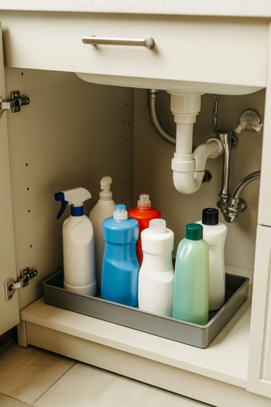 Under-Sink Tray Systems That Keep Bottles Upright