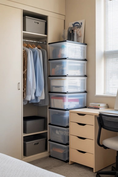 21 Dorm Room Organization Ideas That Maximize Small Spaces 12 Use Stackable Storage to Build Vertical Capacity