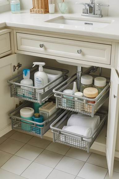 21 Small Bathroom Storage Ideas for Tiny Spaces That Work 13 Under-Sink Pull-Out Baskets