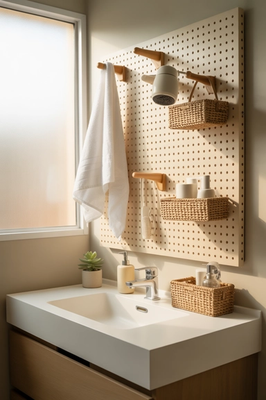 21 Pegboard Organization Ideas That Actually Work 13 12. Bathroom Essentials Pegboard Setup result