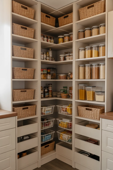 Corner Pantry Layouts With Vertical Storage Emphasis