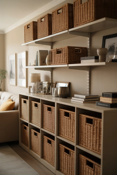 25 Small Living Room Storage Ideas That Reduce Visual Clutter 13 Matching Storage Baskets That Visually Simplify Open Shelves