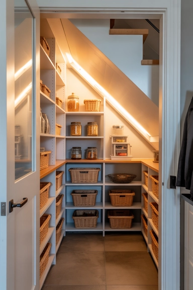 Under-Stairs Pantry Shelving That Uses Sloped Ceilings Wisely