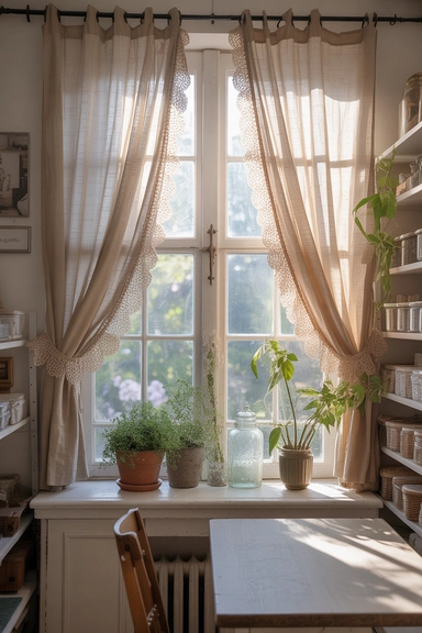 21 Vintage Craft Room Ideas for a Cozy Creative Space 14 Lace Curtains and Soft Window Styling