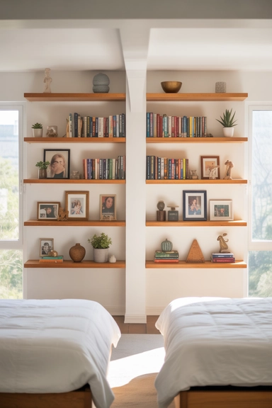 21 Shared Kids Room Organization Ideas That Actually Work 14 Use Floating Shelves for Individual Displays