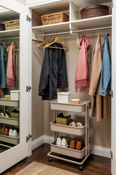 23 Coat Closet Organization Ideas That Actually Work 14 Utilize a Rolling Cart for Flexible Coat Closet Storage