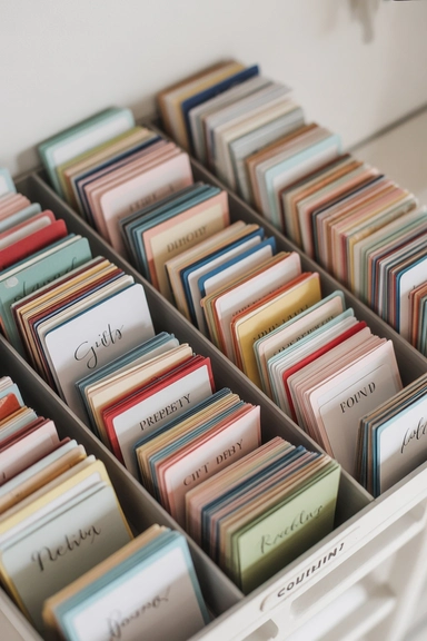 21 Gift Wrap Storage Ideas That Keep Supplies Organized 14 Gift Tag and Card Organizer System
