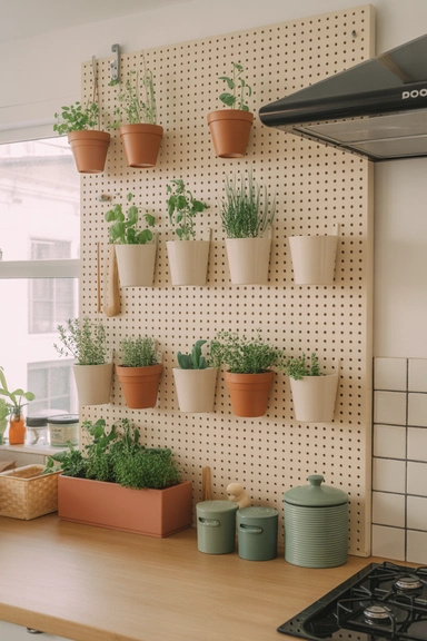 21 Pegboard Organization Ideas That Actually Work 14 Kitchen Pegboard Wall as a Vertical Herb Garden