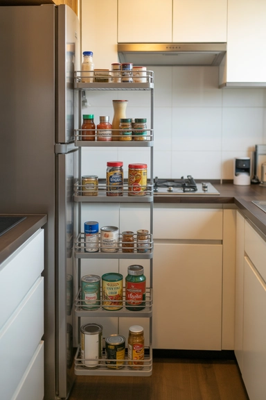 21 Small Kitchen Organization Ideas for Apartments That Actually Work 14 Use a Narrow Gap Between Appliances for Pull-Out Storage