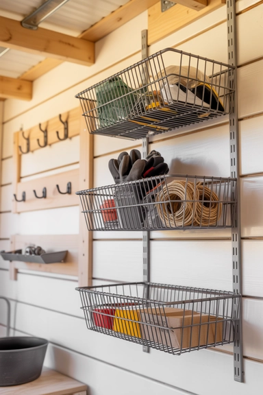 21 Shed Storage Organization Ideas That Keep Tools Visible 14 Wall-Mounted Baskets for Lightweight Supplies