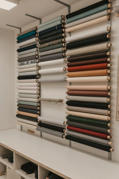 Wall-Mounted Fabric Rods for Rolled Storage