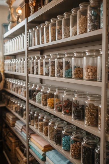 21 Vintage Craft Room Ideas for a Cozy Creative Space 15 Decorative Jar Storage for Small Supplies