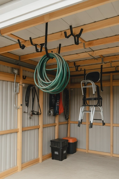 21 Shed Storage Organization Ideas That Keep Tools Visible 15 Ceiling Hooks for Bulky but Lightweight Equipment