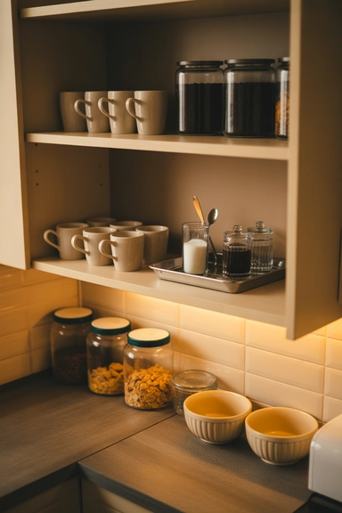 23 Kitchen Shelving Organization Ideas That Reduce Clutter 15 Dedicated Coffee or Breakfast Shelf Zones