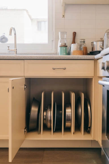 21 Small Kitchen Organization Ideas for Apartments That Actually Work 15 Store Pots and Pans Vertically Instead of Stacking