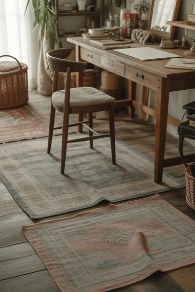 21 Vintage Craft Room Ideas for a Cozy Creative Space 16 Layered Rugs for Warmth and Texture