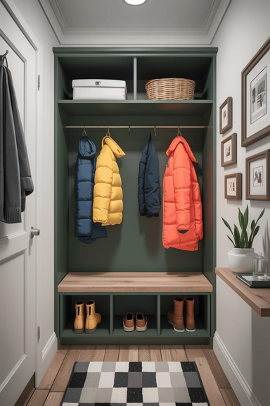 23 Coat Closet Organization Ideas That Actually Work 16 Add a Fold-Down Bench with Hidden Storage for Dual Functionality
