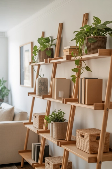 23 Chic Home Organization Ideas For Stylish Homes 16 Decorative Ladder Shelves for Layered Storage
