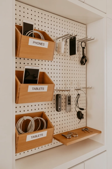 21 Pegboard Organization Ideas That Actually Work 16 Entryway or Mudroom with Pegboard Charging Station