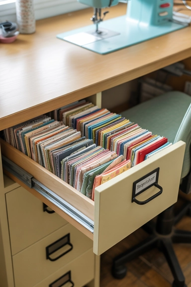 Labeled Fabric Filing Drawers for Small Cuts and Scraps