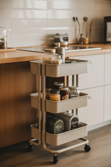 Rolling Cart Beside the Counter for Overflow Storage