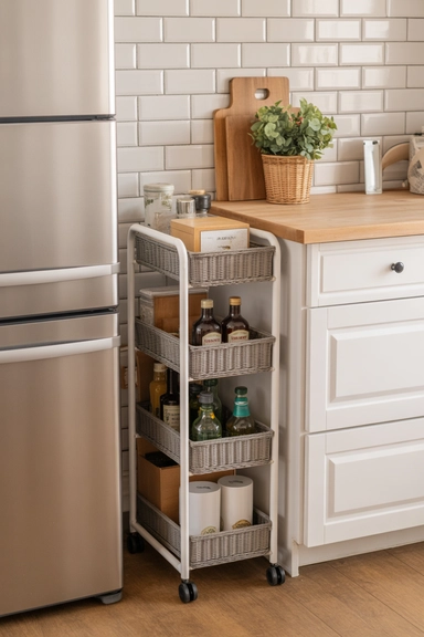 23 Under $20 Kitchen Organizer Ideas for Small Kitchens 16 Rolling Storage Carts for Narrow Kitchen Gaps
