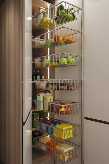 Narrow Walk-In Pantry Ideas That Make Tight Spaces Work (22 Smart Layouts) 16 Vertical Basket Systems for Flexible Storage