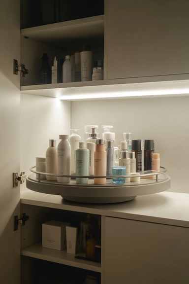 21 Small Bathroom Storage Ideas for Tiny Spaces That Work 17 Rotating Turntables Inside Cabinets