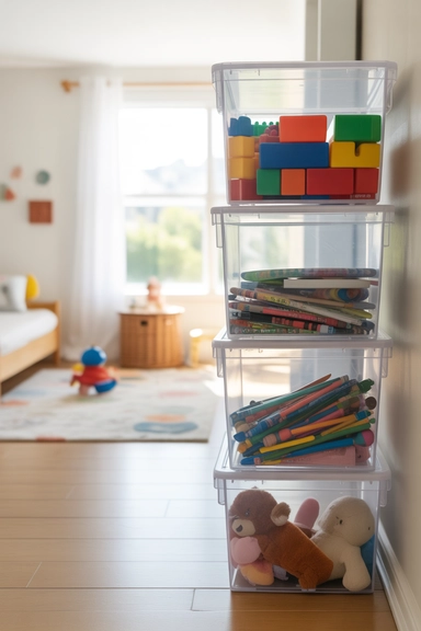 22 Kids Room Storage Ideas That Keep Toys Under Control 17 Use Stackable Bins to Maximize Vertical Space